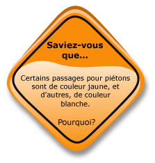 Saviez-vous que... Certains passages pour pi&eacute;tons sont de couleur jaune et d'autres, de couleur blanche. Pourquoi?